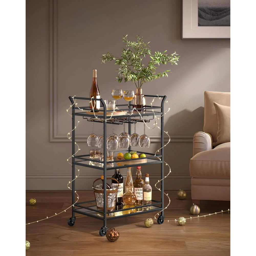 Black Bar Cart with 3-Tier Mirrored Shelves - Karrari