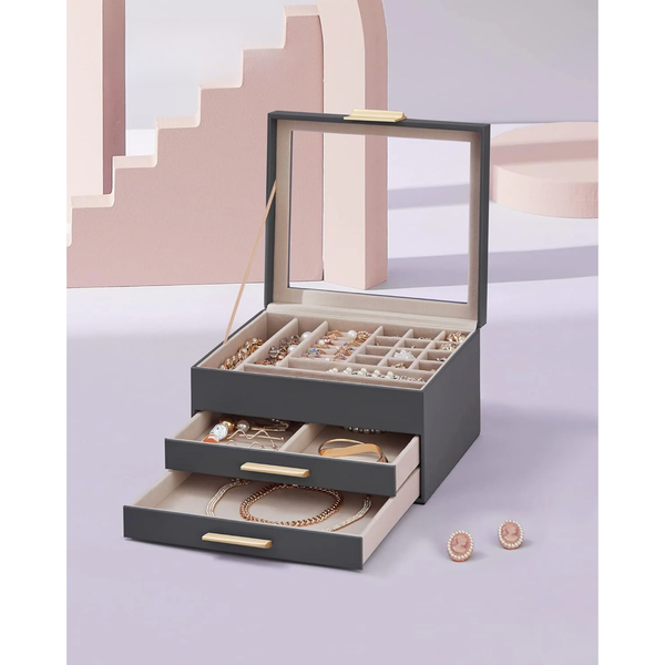 3-Layer Jewellery Box with Glass Lid & 2 Drawers - Karrari