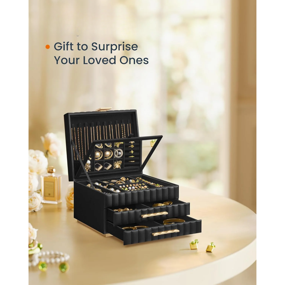 Elegant 3-Tier PU Leather Jewellery Box with Mirror - Karrari