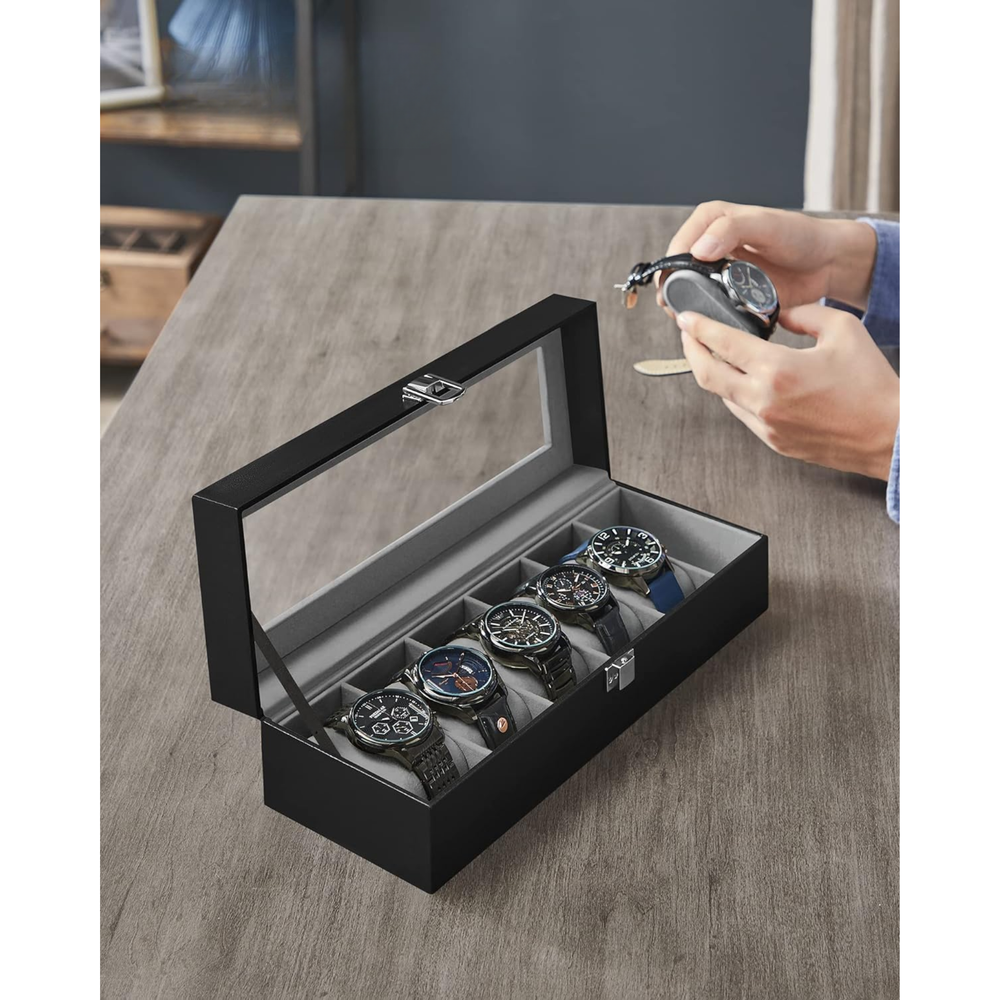6-Slot Watch Box with Glass Lid - Synthetic Leather - Karrari