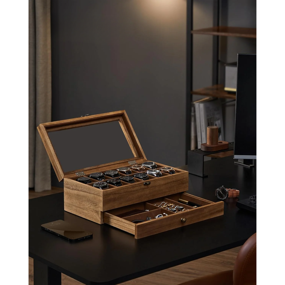 2-Tier Wood Watch Case with Large Glass Lid - Karrari