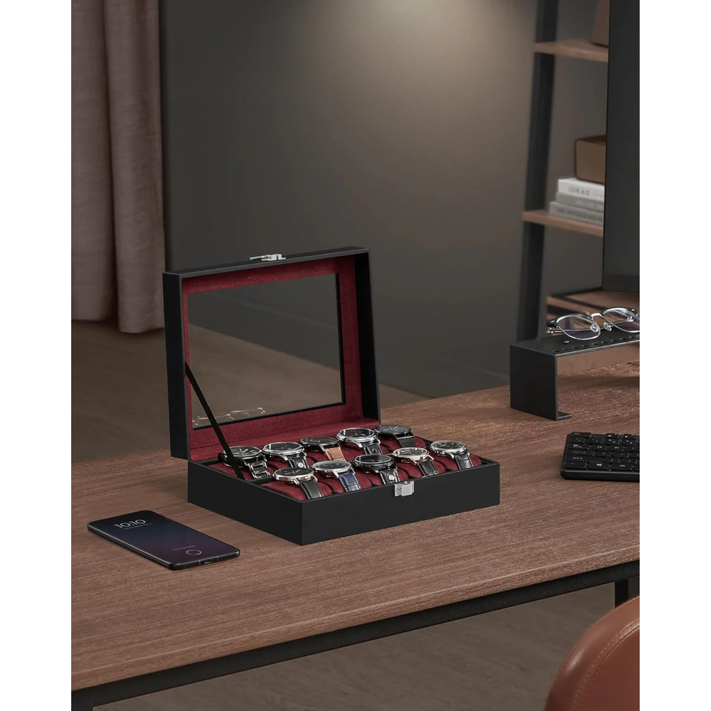 10-Slot Watch Box with Glass Lid & Removable Cushions - Karrari