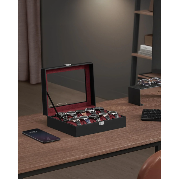 10-Slot Watch Box with Glass Lid & Removable Cushions - Karrari