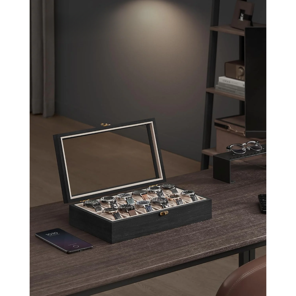 12-Slot Watch Box with Glass Lid & Velvet Lining - Karrari