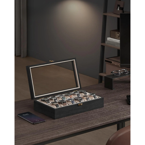 12-Slot Watch Box with Glass Lid & Velvet Lining - Karrari