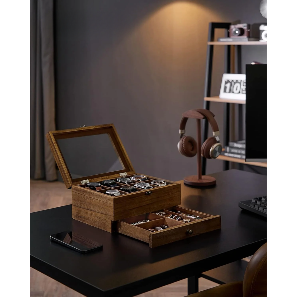 8-Slot 2-Tier Wooden Watch Box - Glass Lid - Karrari