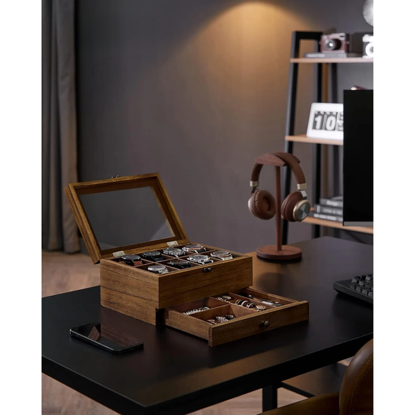 8-Slot 2-Tier Wooden Watch Box - Glass Lid - Karrari
