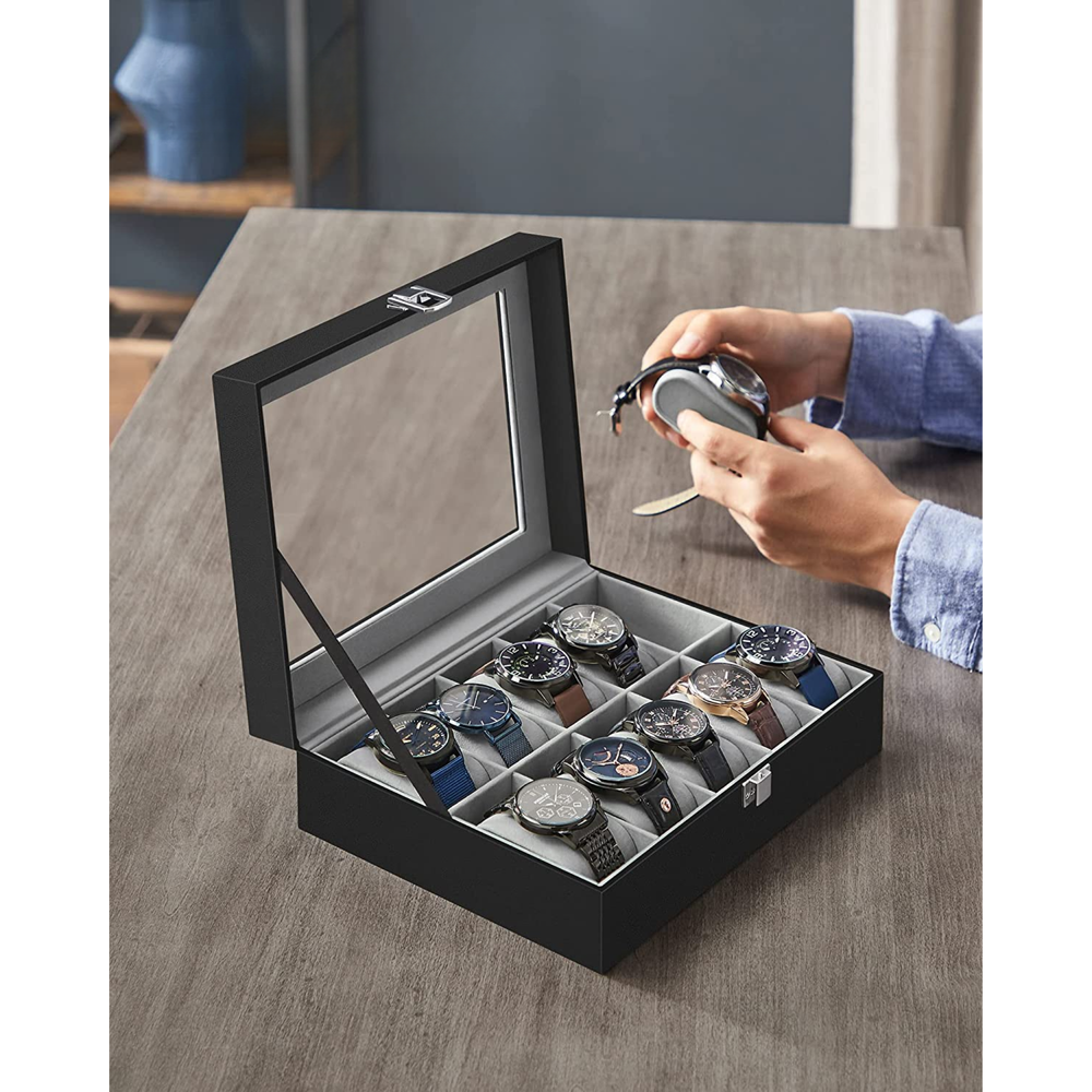 10-Slot Watch Box with Glass Lid & Removable Cushions - Karrari