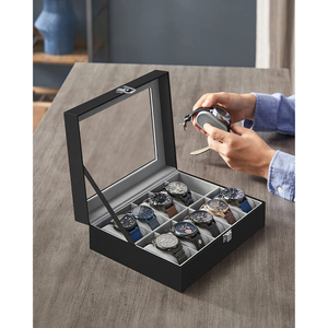 10-Slot Watch Box with Glass Lid & Removable Cushions - Karrari