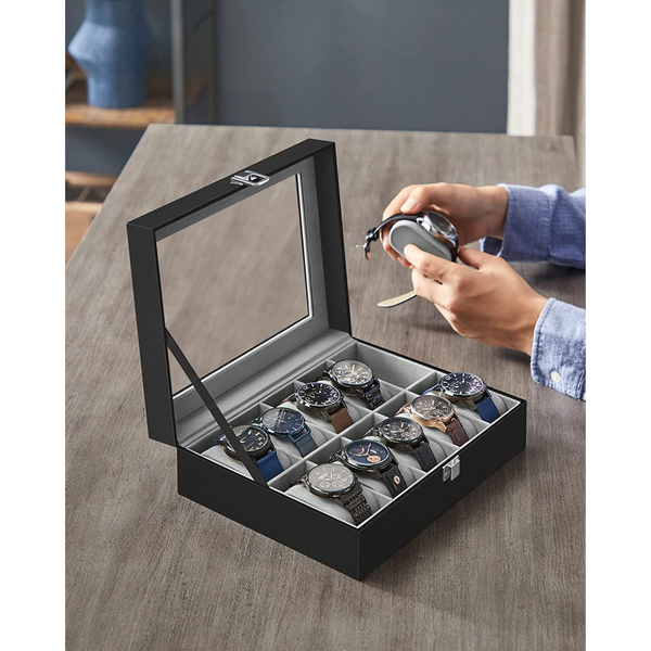 10-Slot Watch Box with Glass Lid & Removable Cushions - Karrari