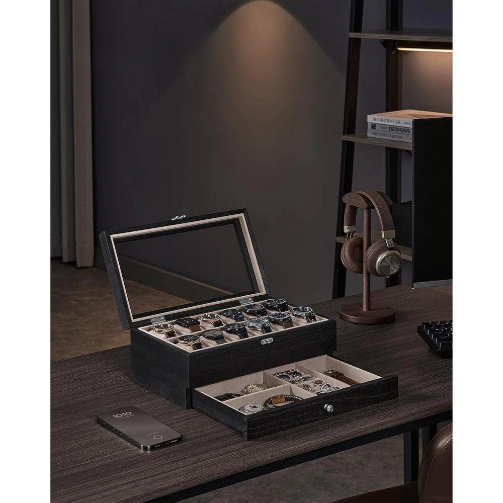 12-Slot 2-Tier Wooden Watch Box - Glass Lid - Karrari