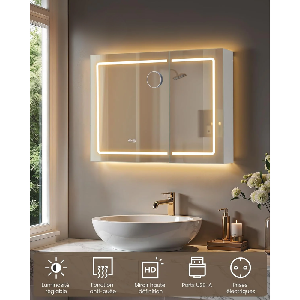 LED Wall Mirror Cabinet with Storage, Demister & Power Outlet - Karrari