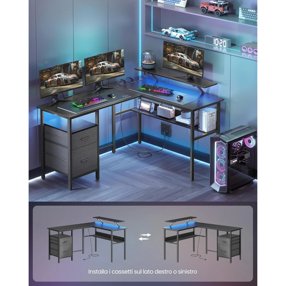 L-Shaped Desk with Sockets, Monitor Stand & LED Lights - Karrari
