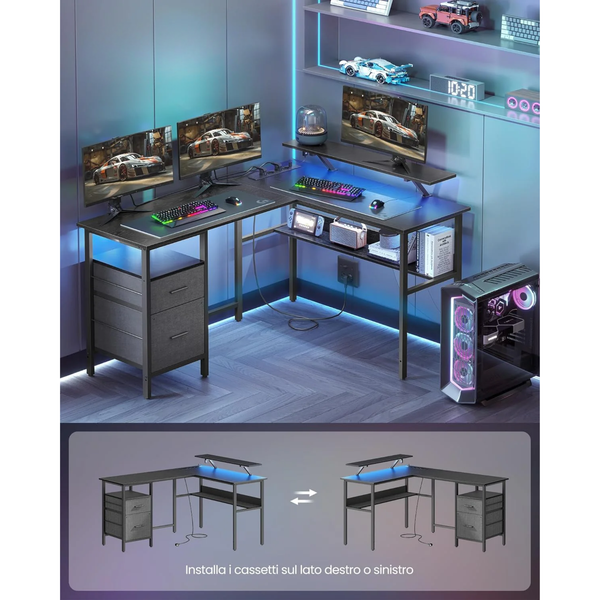 L-Shaped Desk with Sockets, Monitor Stand & LED Lights - Karrari