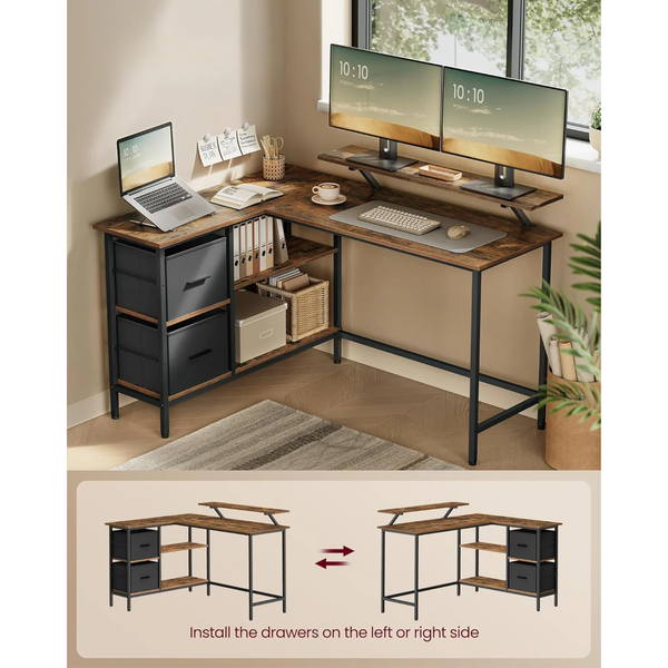 L-Shaped Desk with 2 Drawers & Monitor Stand - Karrari
