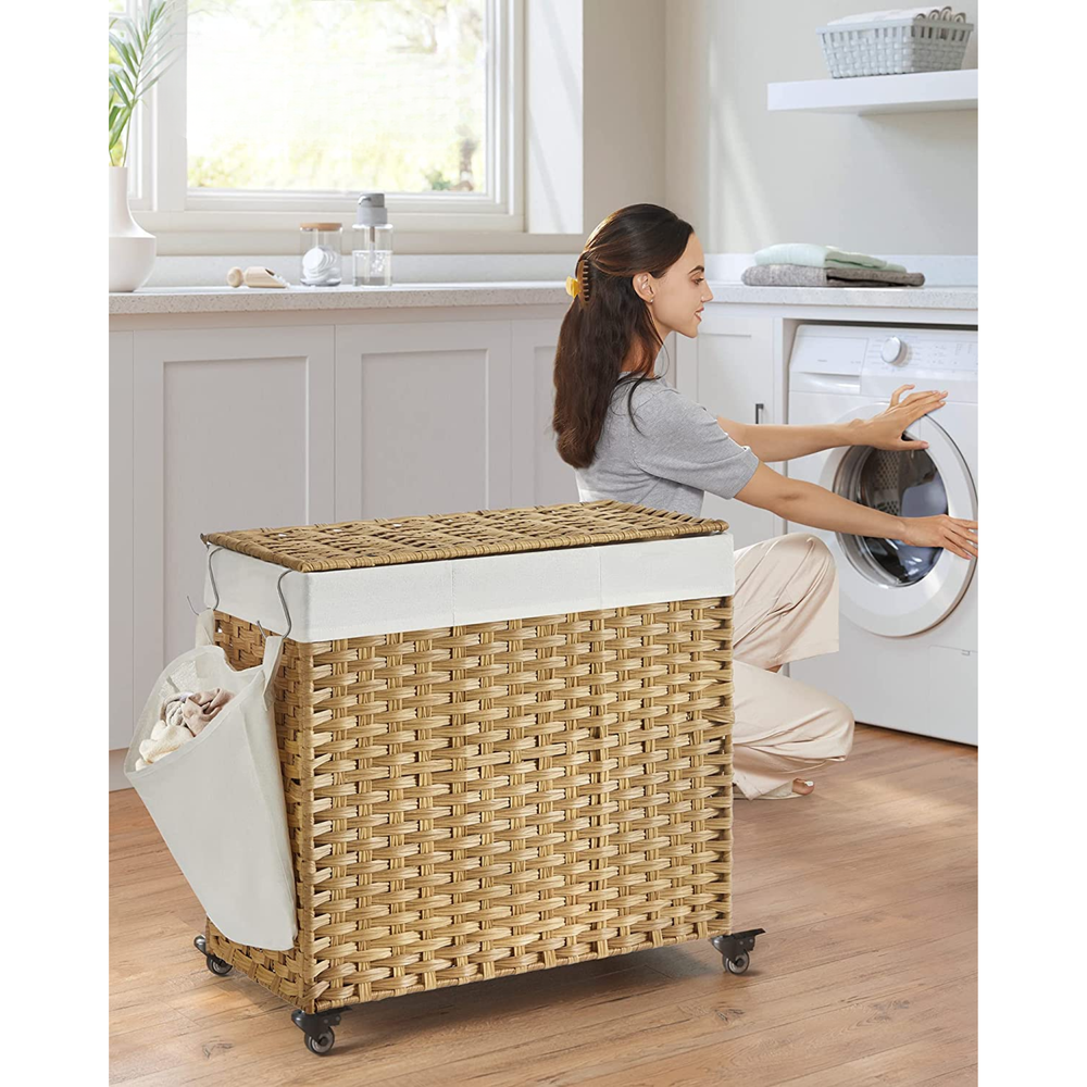 140L 3-Section Laundry Hamper - Lid & Wheels - Karrari