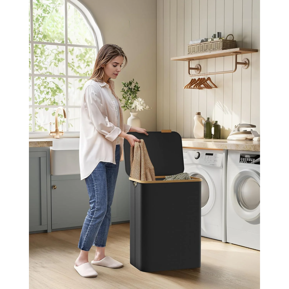 130L 2-Section Laundry Basket - Lid & Bamboo Handles - Karrari