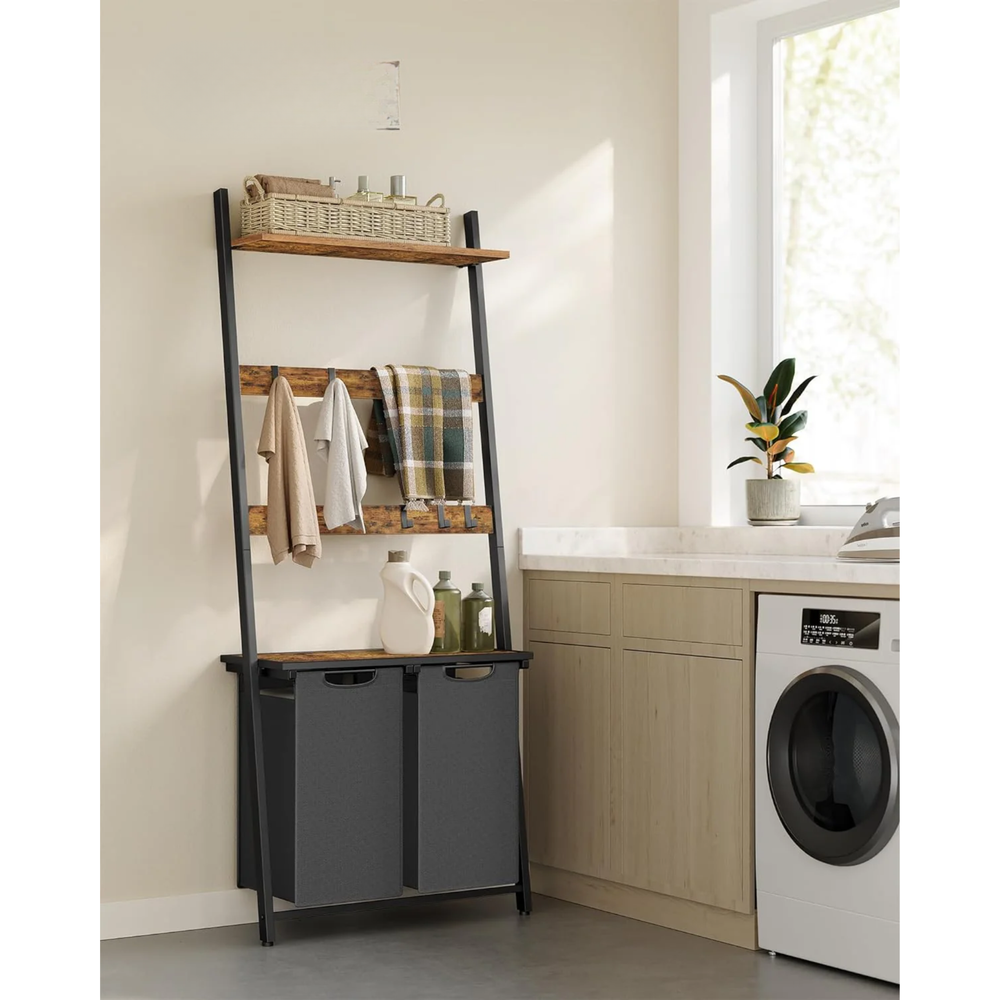 2-Section Laundry Hamper - Ladder, Shelves & Hooks - Karrari