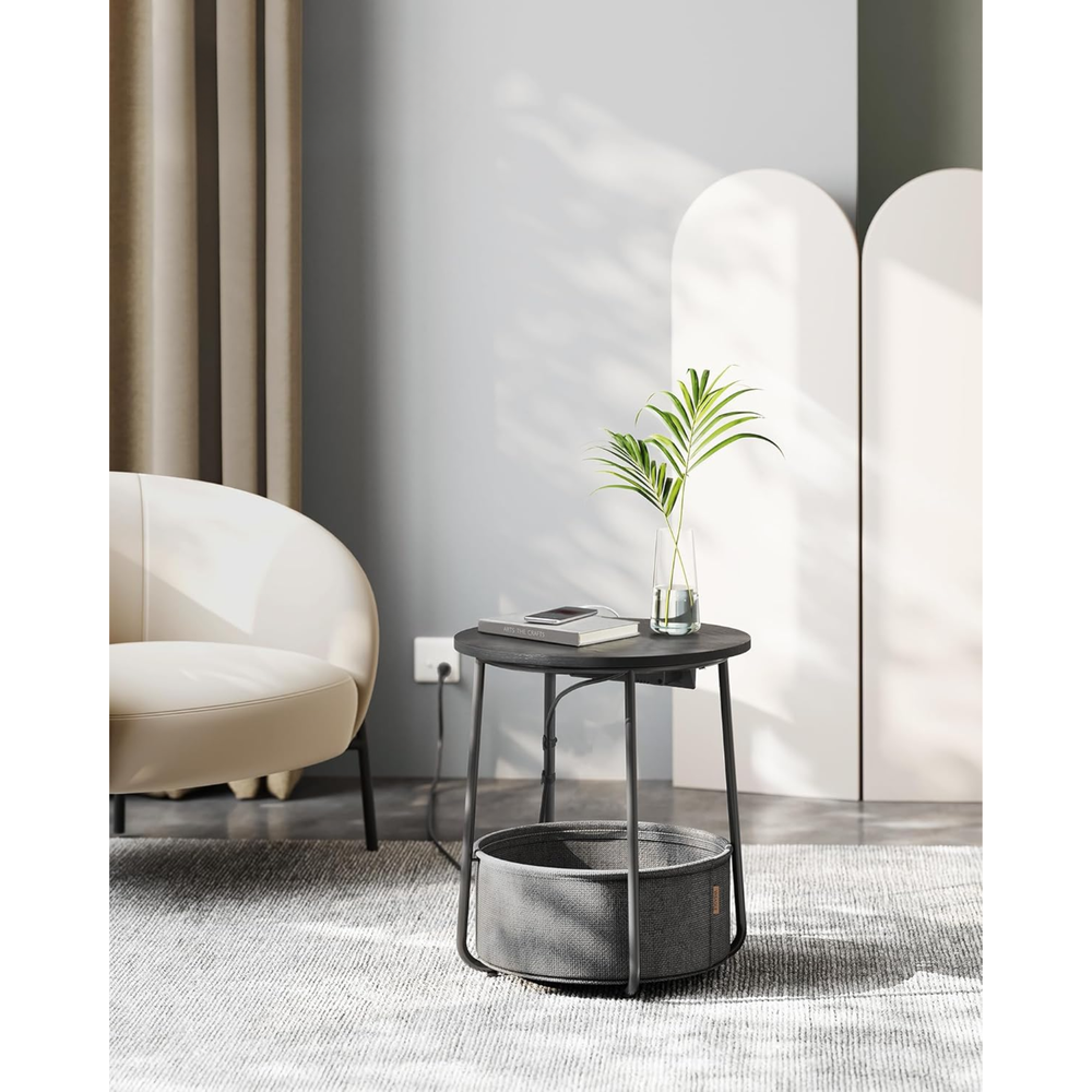Round Side Table with Charging Station & Basket