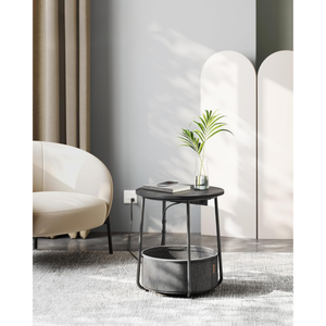 Round Side Table with Charging Station & Basket