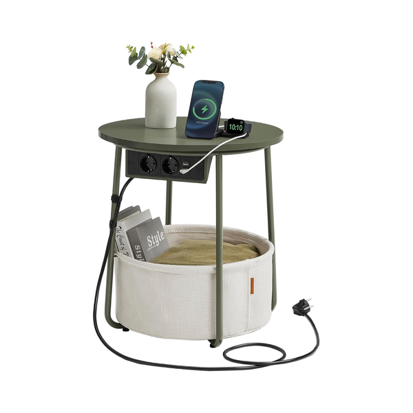 Round Side Table with Charging Station & Basket