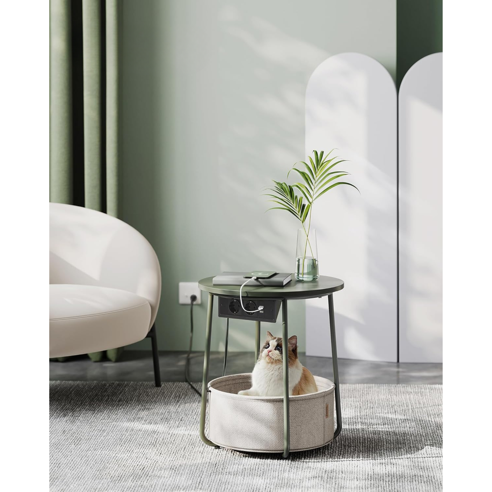 Round Side Table with Charging Station & Basket