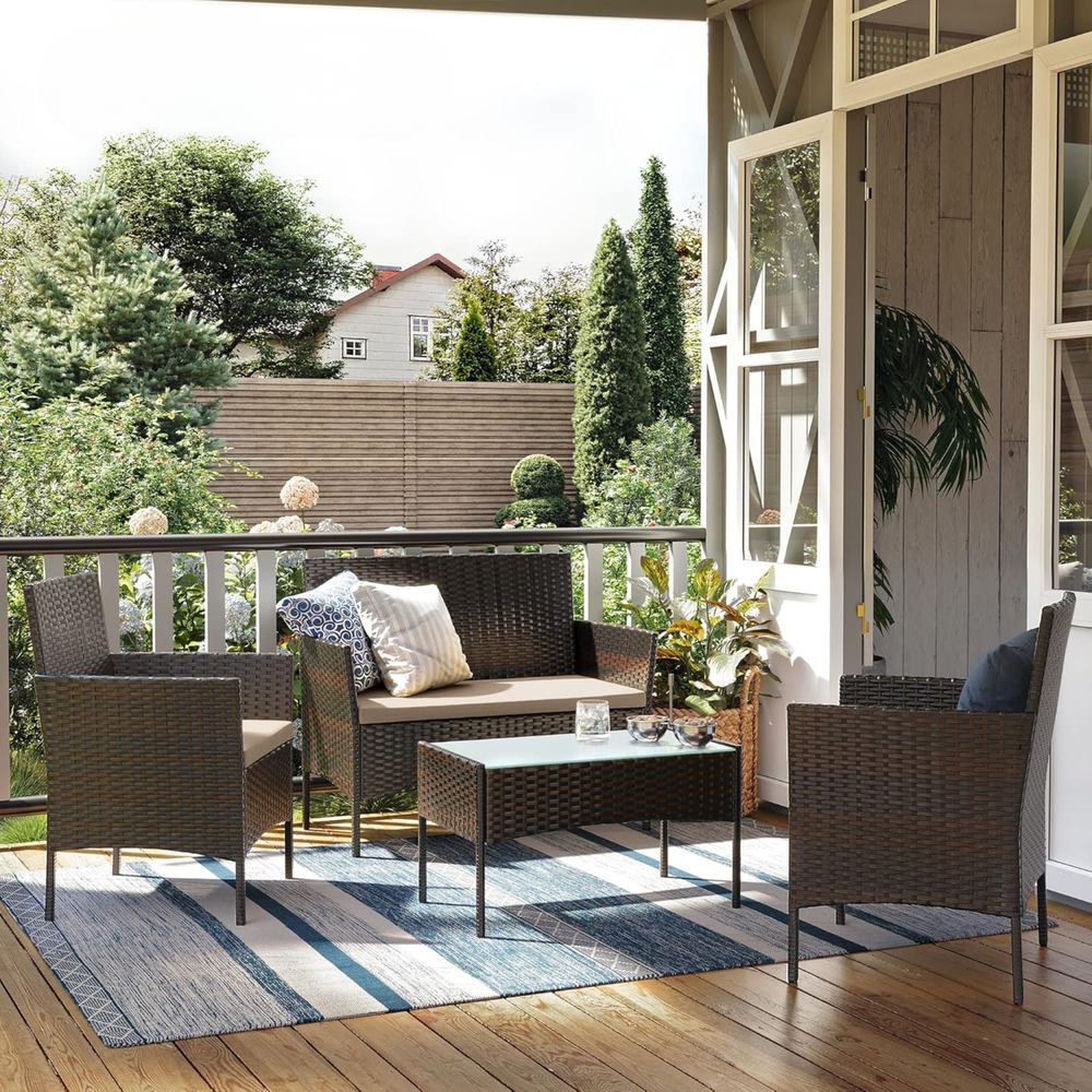4-Piece Outdoor Rattan Furniture Set with Table & Seating