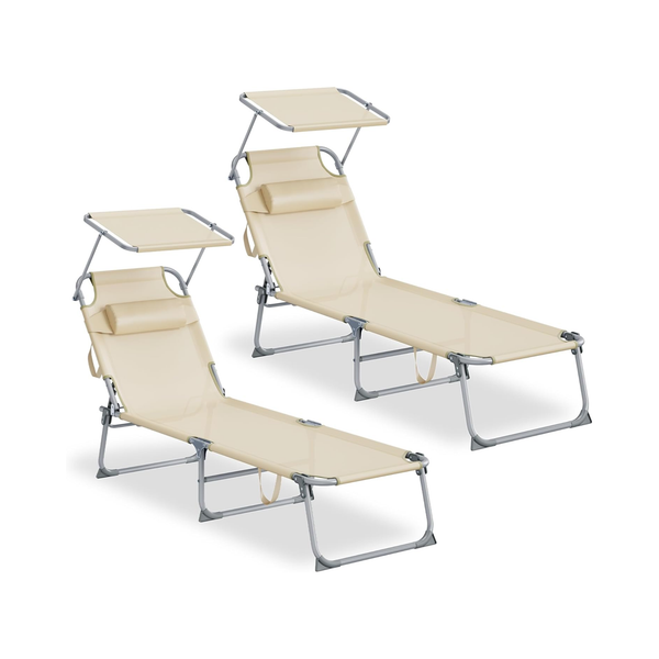 Sun Lounger with Adjustable Backrest & Sun Shade (Set of 2)