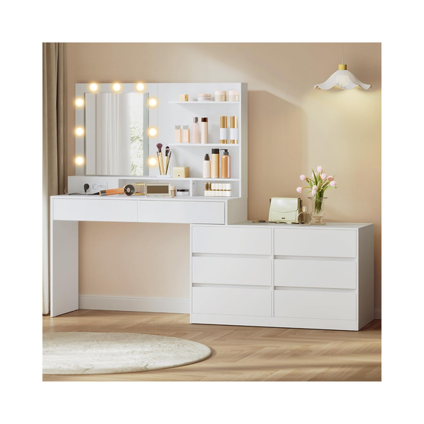 Vanity Table with LED Mirror, 8 Drawers & Shelves