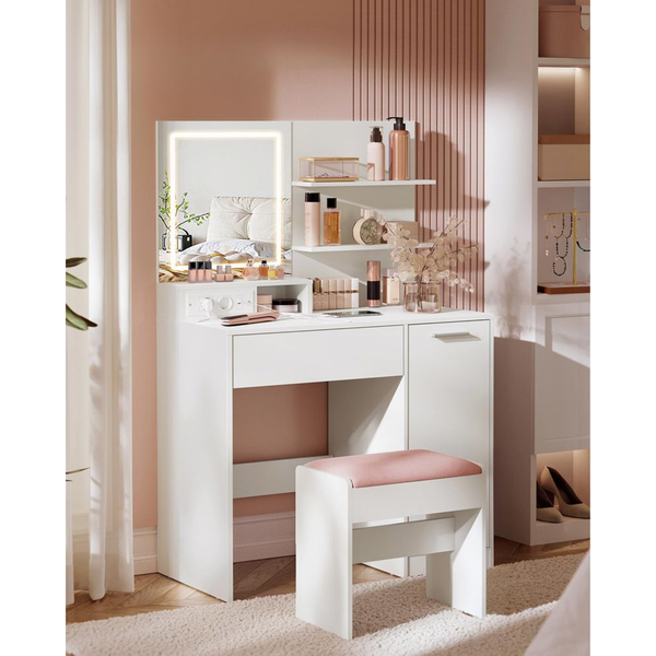 Dressing Table with LED Mirror, Drawer & Adjustable Shelves