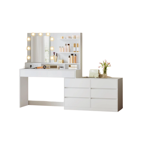 Vanity Table with LED Mirror, 8 Drawers & Shelves