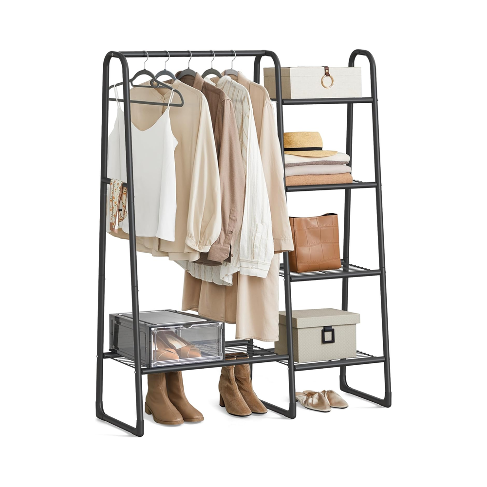5-Tier Clothes Rack with Shelves, Metal Rail