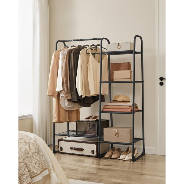5-Tier Clothes Rack with Shelves, Metal Rail