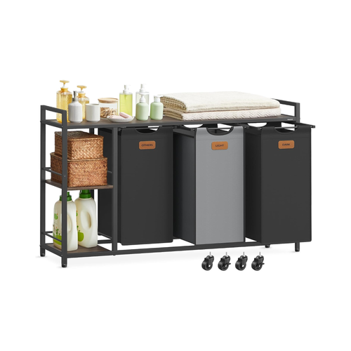 Laundry Basket 3 Compartments 150 L with Shelves Wheels