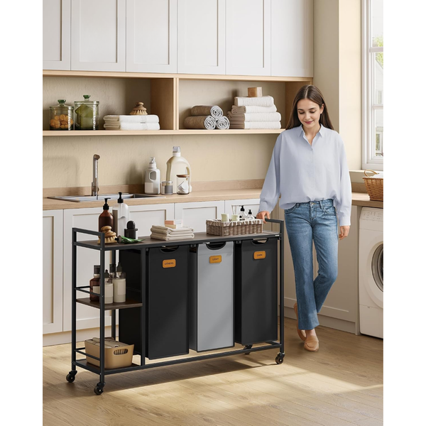Laundry Basket 3 Compartments 150 L with Shelves Wheels