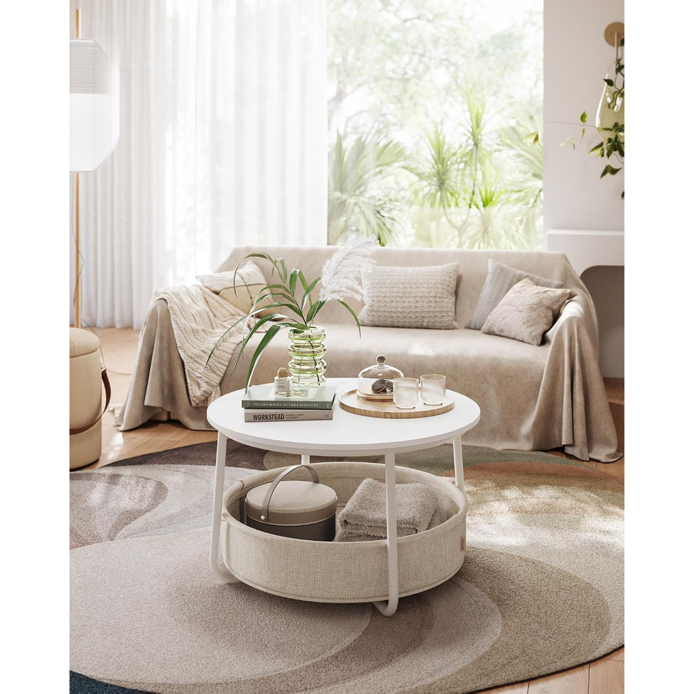 Round Coffee Table with Storage Basket, Metal Frame