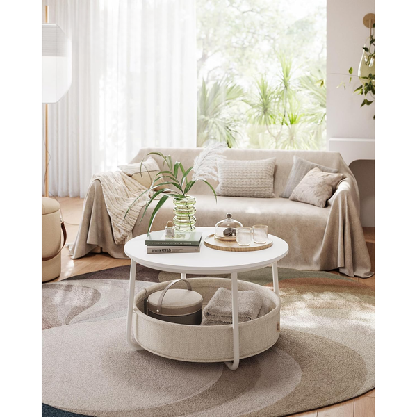 Round Coffee Table with Storage Basket, Metal Frame