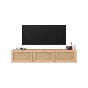 Wall Mounted Oak & Rattan Media Cabinet with 3 Doors