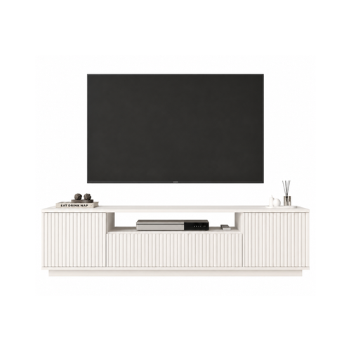 White Fluted TV Stand with Storage & Media Shelf
