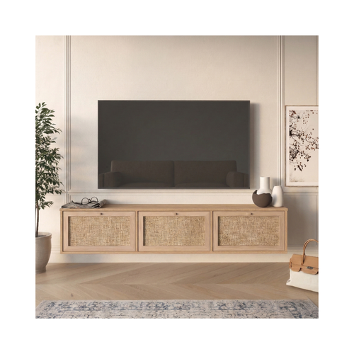 Wall Mounted Oak & Rattan Media Cabinet with 3 Doors