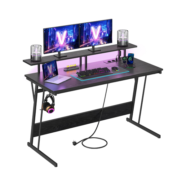 Gaming Desk with Power Strip & Dual Monitor Stand
