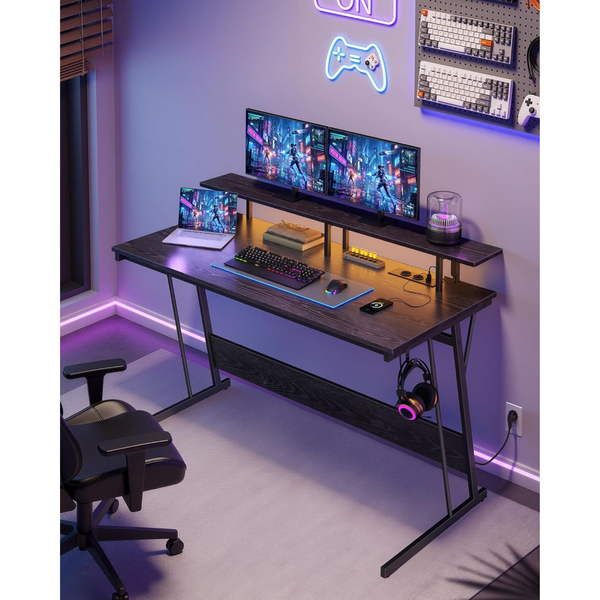Gaming Desk with Power Strip & Dual Monitor Stand