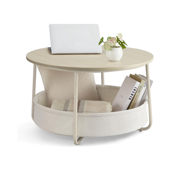 Round Coffee Table with Storage Basket, Metal Frame