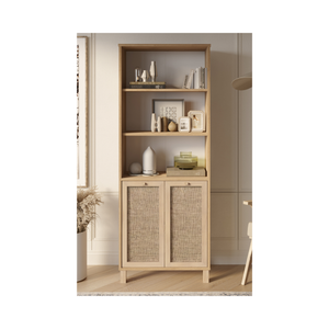 Natural Rattan 2-Door Bookcase with Storage