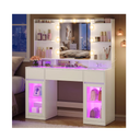Dressing Table with LED Mirror & RGB Lighting, Glass Top, Storage Cabinets