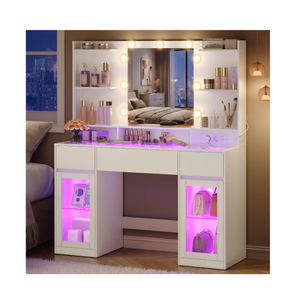 Dressing Table with LED Mirror & RGB Lighting, Glass Top, Storage Cabinets