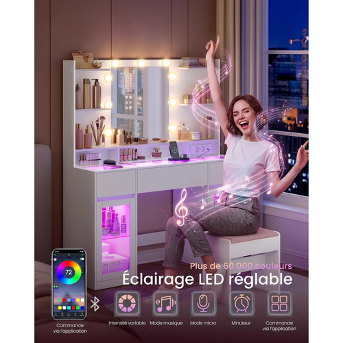 Dressing Table with LED Mirror & RGB Lighting, Glass Top, Storage Cabinets