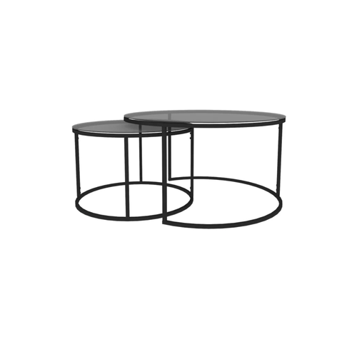 Set of 2 Round Coffee Tables in Black - Dark Glass