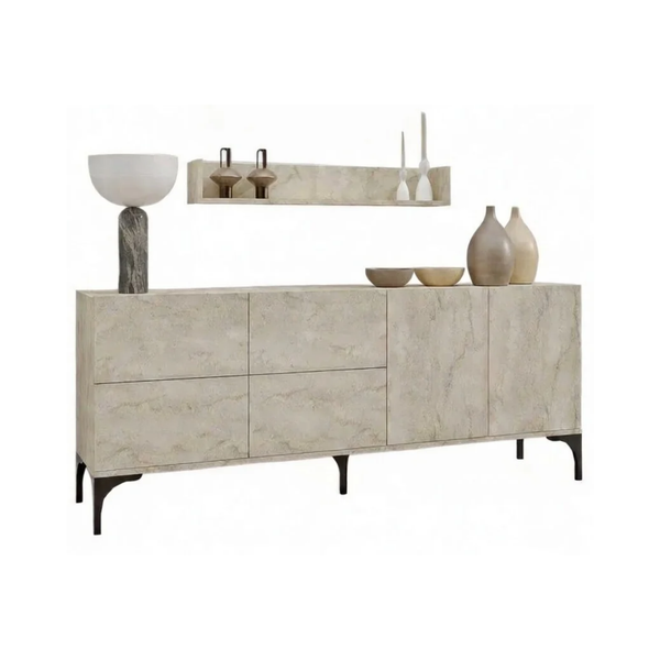 Luxury Sideboard with Matching Wall Shelf - Stone Finish - Karrari