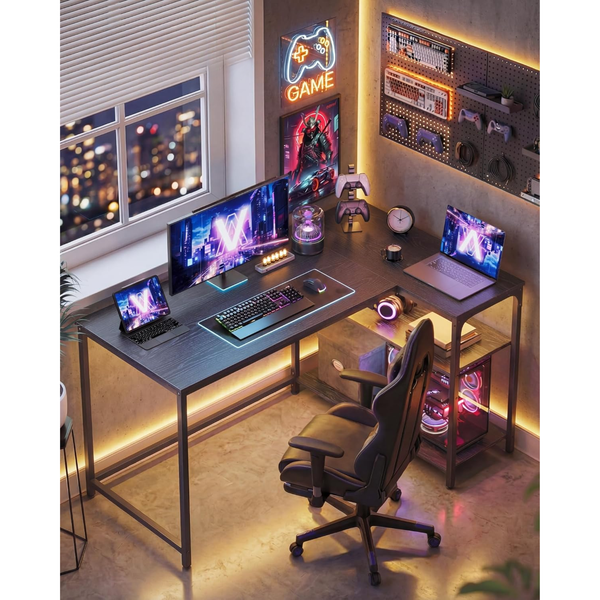 L-Shaped Computer Desk, Reversible Shelves - Karrari